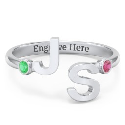 Double Initial Open Cuff Ring with Birthstones in 925 Sterling Silver with Emerald and Ruby