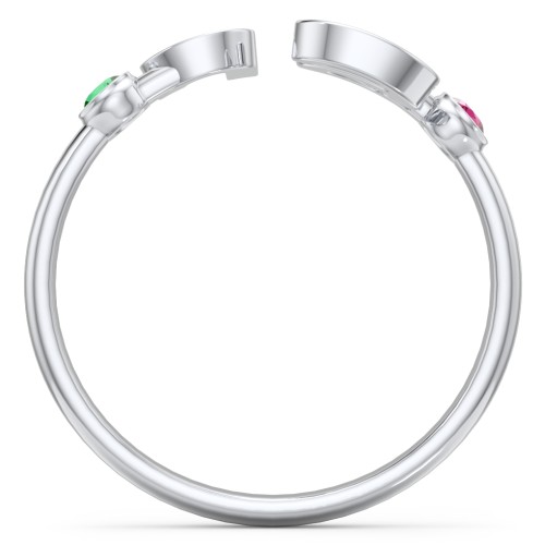 Double Initial Open Cuff Ring with Birthstones – Sterling Silver with Emerald and Ruby