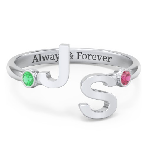 Double Initial Open Cuff Ring with Birthstones – Sterling Silver with Emerald and Ruby