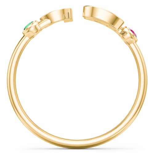 Double Initial Open Cuff Ring with Birthstones – 10K Yellow Gold with Emerald and Ruby