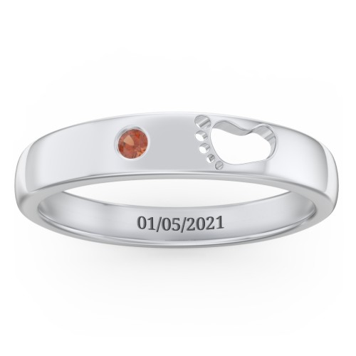 Baby Footprint Cutout Band with Birthstone – Sterling Silver with Garnet
