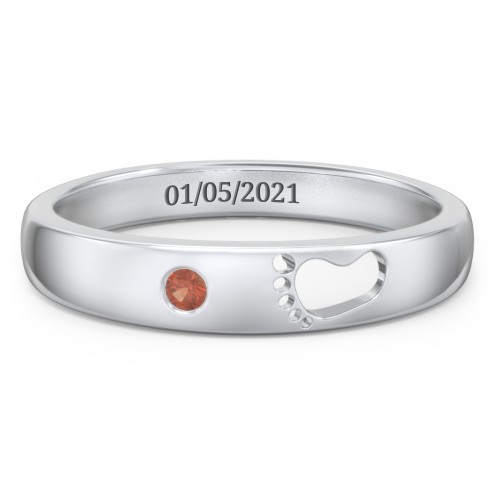 Baby Footprint Cutout Band with Birthstone – Sterling Silver with Garnet