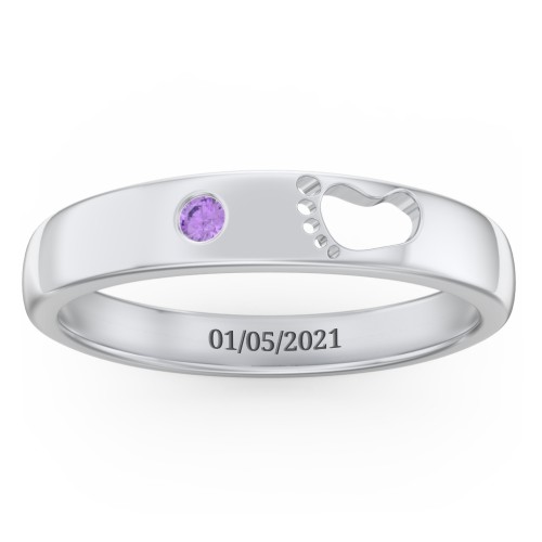 Baby Footprint Cutout Band with Birthstone – Sterling Silver with Amethyst