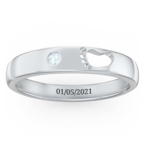 Baby Footprint Cutout Band with Birthstone – Sterling Silver with Aquamarine