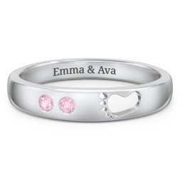 Baby Footprint Cutout Band with 2 Birthstones in 925 Sterling Silver with Pink Tourmaline