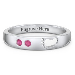 Baby Footprint Cutout Band with 2 Birthstones in 925 Sterling Silver with Ruby