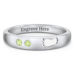 Baby Footprint Cutout Band with 2 Birthstones in 925 Sterling Silver with Peridot