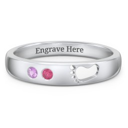 Baby Footprint Cutout Band with 2 Birthstones in 925 Sterling Silver with Amethyst and Ruby