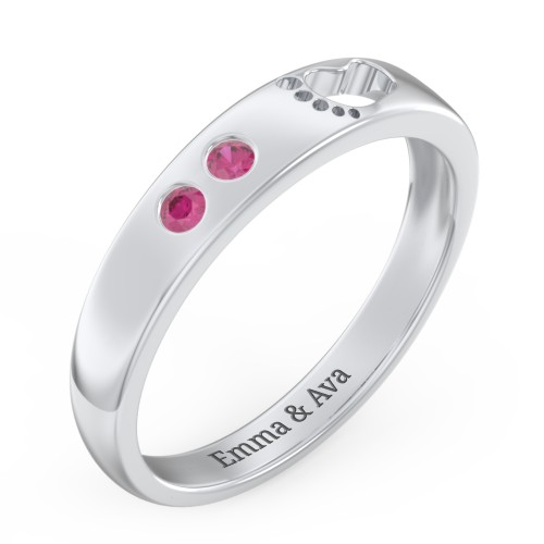 Baby Footprint Cutout Band with 2 Birthstones – Sterling Silver with Ruby