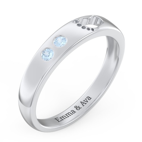 Baby Footprint Cutout Band with 2 Birthstones – Sterling Silver with Blue Topaz