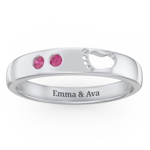 Baby Footprint Cutout Band with 2 Birthstones – Sterling Silver with Ruby