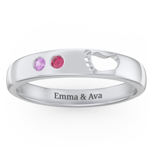 Baby Footprint Cutout Band with 2 Birthstones – Sterling Silver with Amethyst and Ruby