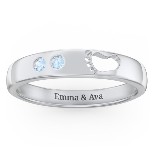 Baby Footprint Cutout Band with 2 Birthstones – Sterling Silver with Blue Topaz