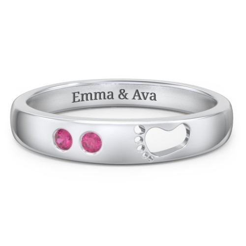 Baby Footprint Cutout Band with 2 Birthstones – Sterling Silver with Ruby