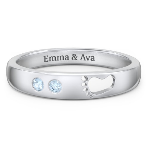 Baby Footprint Cutout Band with 2 Birthstones – Sterling Silver with Blue Topaz