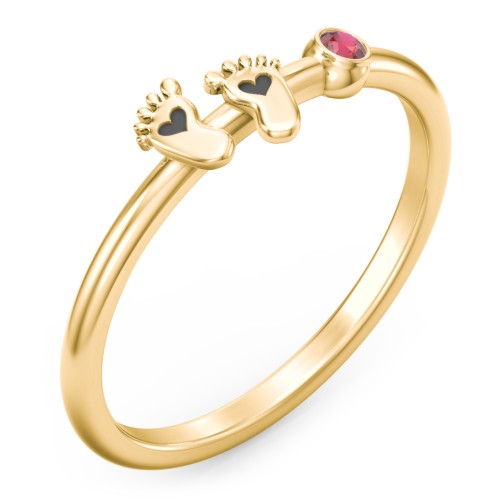 Dainty Baby Feet Ring with Birthstone – 10K Yellow Gold with Garnet