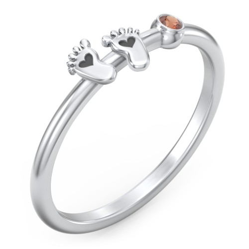 Dainty Baby Feet Ring with Birthstone – Sterling Silver with Garnet