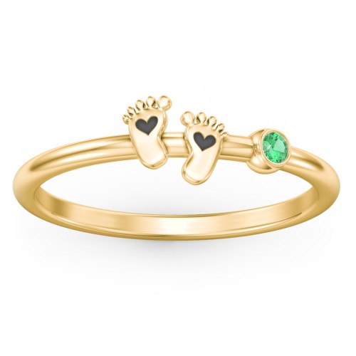 Dainty Baby Feet Ring with Birthstone – 10K Yellow Gold with Emerald