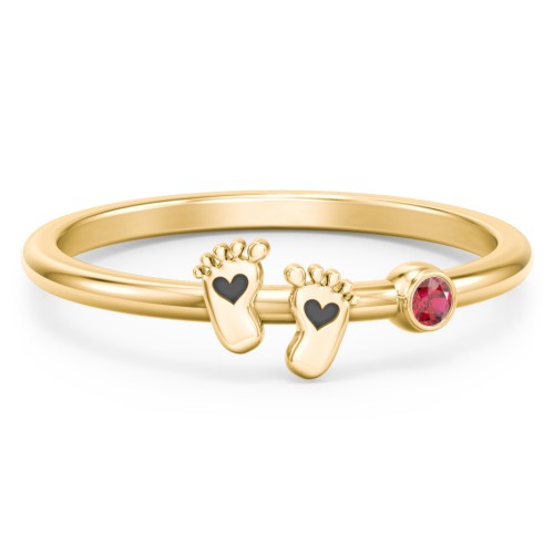 Dainty Baby Feet Ring with Birthstone – 10K Yellow Gold with Garnet