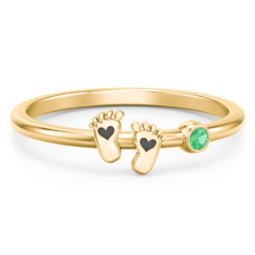 Dainty Baby Feet Ring with Birthstone – 10K Yellow Gold with Emerald