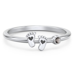 Dainty Baby Feet Ring with Birthstone in 925 Sterling Silver with Smokey Quartz