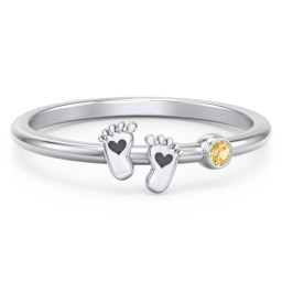 Dainty Baby Feet Ring with Birthstone in 925 Sterling Silver with Citrine