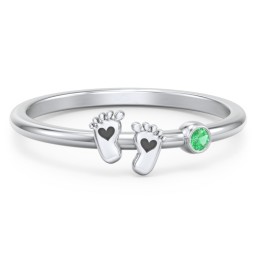 Dainty Baby Feet Ring with Birthstone in 925 Sterling Silver with Emerald