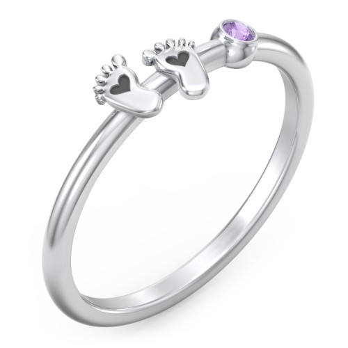 Dainty Baby Feet Ring with Birthstone – Sterling Silver with Amethyst