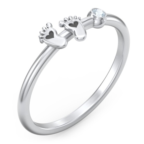 Dainty Baby Feet Ring with Birthstone – Sterling Silver with Aquamarine