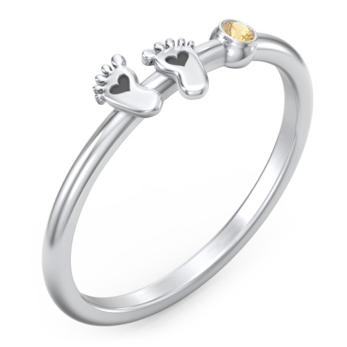 Dainty Baby Feet Ring with Birthstone – Sterling Silver with Citrine
