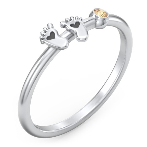 Dainty Baby Feet Ring with Birthstone – Sterling Silver with Citrine