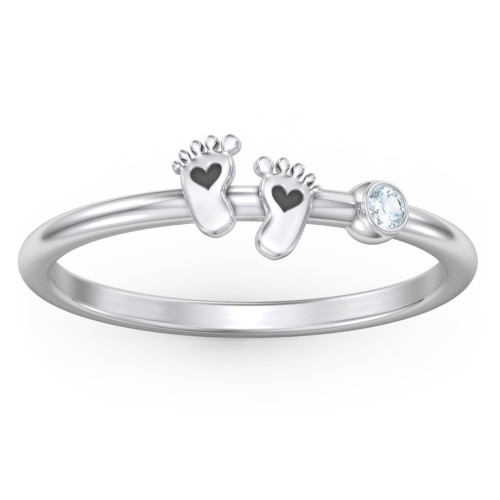 Dainty Baby Feet Ring with Birthstone – Sterling Silver with Aquamarine