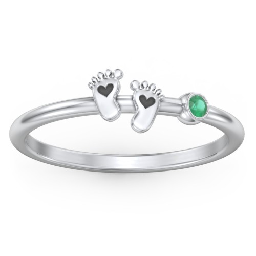Dainty Baby Feet Ring with Birthstone – Sterling Silver with Emerald
