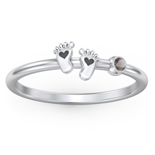 Dainty Baby Feet Ring with Birthstone – Sterling Silver with Smokey Quartz