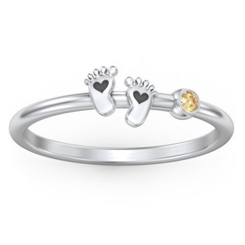 Dainty Baby Feet Ring with Birthstone – Sterling Silver with Citrine