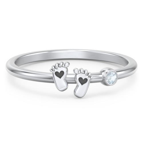 Dainty Baby Feet Ring with Birthstone – Sterling Silver with Aquamarine