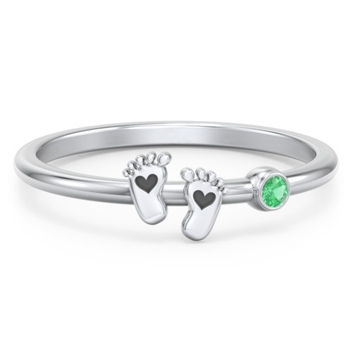 Dainty Baby Feet Ring with Birthstone – Sterling Silver with Emerald