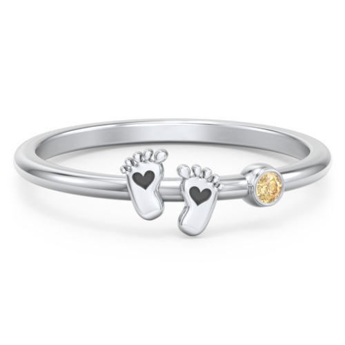Dainty Baby Feet Ring with Birthstone – Sterling Silver with Citrine