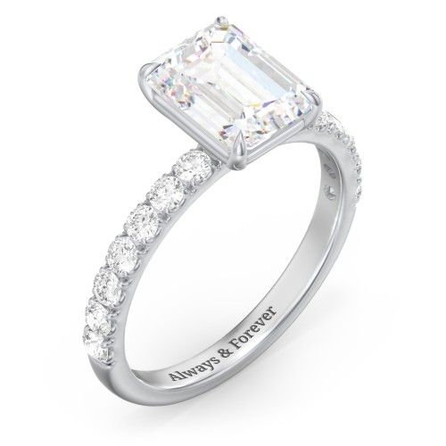 3 ct. (9x7mm) Emerald-Cut Moissanite Engagement Ring With 2mm Side Stones – 10K White Gold with Moissanite and Lab Diamond