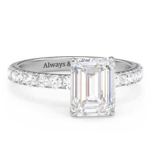 3 ct. (9x7mm) Emerald-Cut Moissanite Engagement Ring With 2mm Side Stones – 10K White Gold with Moissanite and Lab Diamond