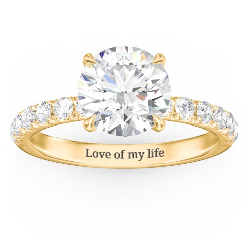 2.5 ct. (8.5mm) Moissanite Engagement Ring With 2mm Side Stones – 10K Yellow Gold with Moissanite and Lab Diamond