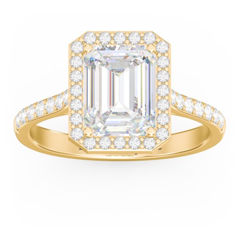 3 ct. (9x7mm) Emerald-Cut Moissanite Halo Engagement Ring with Side Stones – 10K Yellow Gold with Moissanite and Lab Diamond
