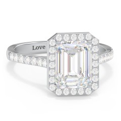 3 ct. (9x7mm) Emerald-Cut Moissanite Halo Engagement Ring with Side Stones – 10K White Gold with Moissanite and Lab Diamond