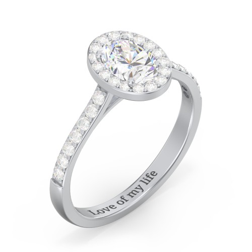 1 ct. (7x5mm) Oval Moissanite Halo Engagement Ring with Side Stones – 10K White Gold with Moissanite and Lab Diamond