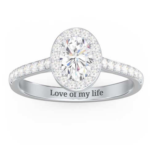 1 ct. (7x5mm) Oval Moissanite Halo Engagement Ring with Side Stones – 10K White Gold with Moissanite and Lab Diamond