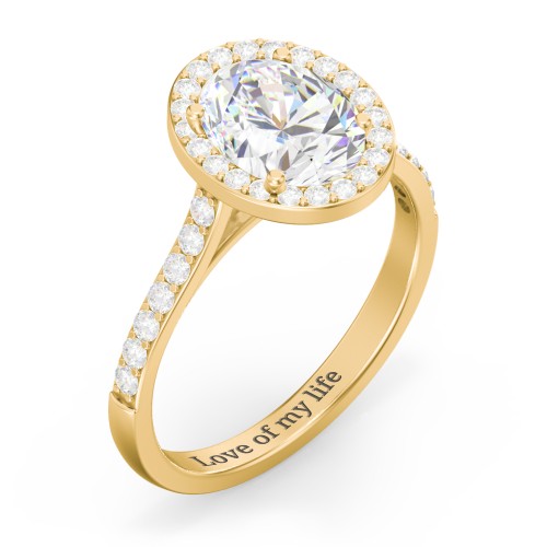 2 ct. (9x7mm) Oval Moissanite Halo Engagement Ring with Side Stones – 10K Yellow Gold with Moissanite and Lab Diamond