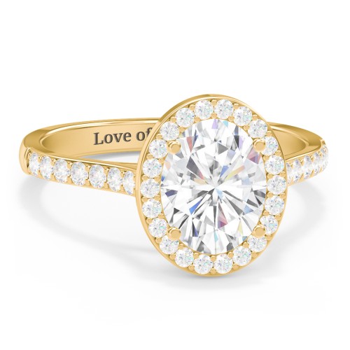 2 ct. (9x7mm) Oval Moissanite Halo Engagement Ring with Side Stones – 10K Yellow Gold with Moissanite and Lab Diamond
