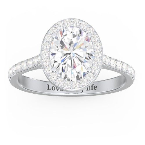 2 ct. (9x7mm) Oval Moissanite Halo Engagement Ring with Side Stones – 10K White Gold with Moissanite and Lab Diamond