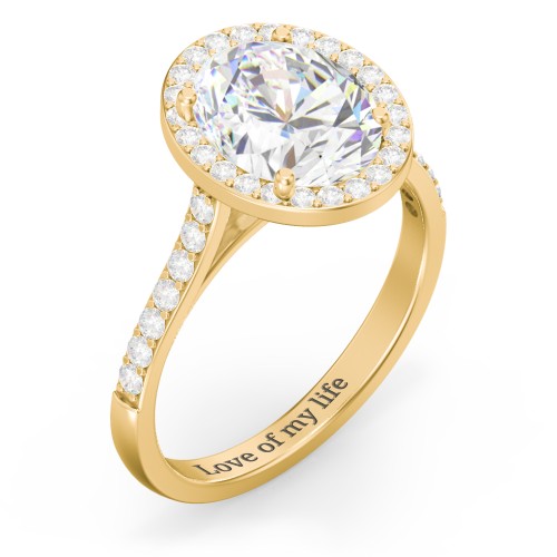 3 ct. (10x8mm) Oval Moissanite Halo Engagement Ring with Side Stones – 10K Yellow Gold with Moissanite and Lab Diamond