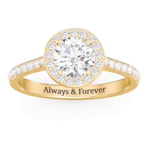 1 ct. (6.5mm) Moissanite Halo Engagement Ring with Side Stones – 10K Yellow Gold with Moissanite and Lab Diamond
